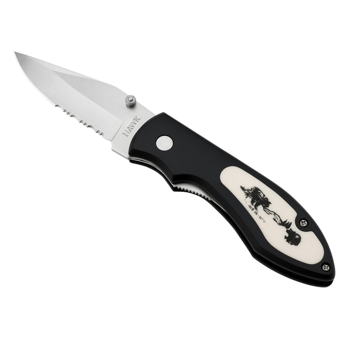 DIRK Hunting Pocket Knife – 3" Stainless Steel Blade (Half Smooth / Half Serrated) with Bear Design Handle – 7.25" Open Length, 3.3 oz – Metal Belt Clip – PK-20699