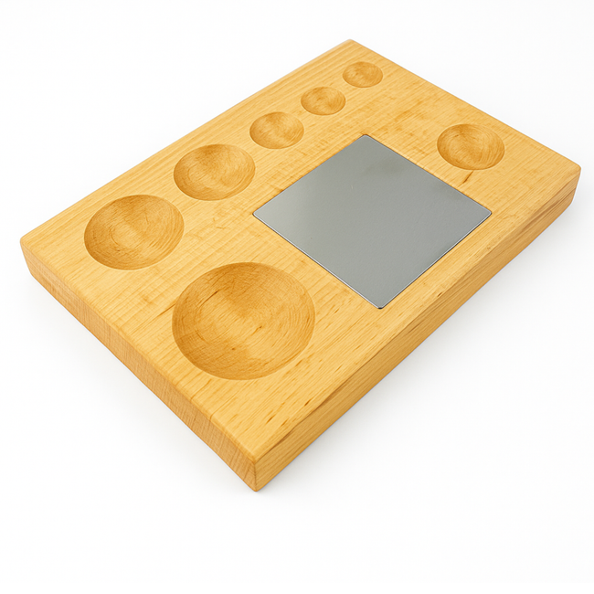 Wooden Dapping Block with 3" Steel Anvil Insert – 7 Half-Round Grooves (¾" to 2") for Metal Forming, Jewelry Making, and Craft Work