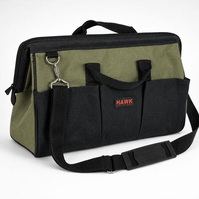 16-Inch Heavy Duty Canvas Tool Bag with 22 Pockets, Wide-Mouth Zippered Tool Organizer with Solid Bottom, Carry Handles and Adjustable Removable Shoulder Strap