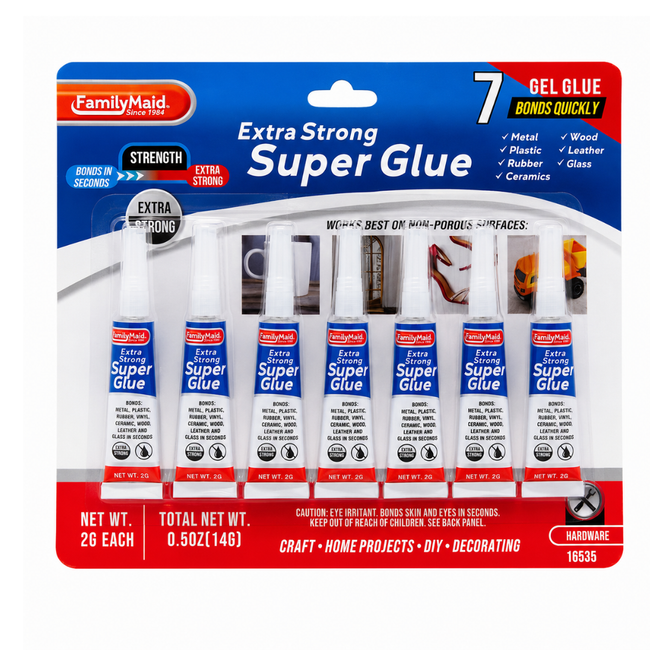 Extra Strong Gel Super Glue, 7-Pack of 2g Tubes, Fast-Bonding Multi-Surface Adhesive for Metal, Plastic, Rubber, Ceramic, Wood, Leather and Glass, 0.5 oz Total