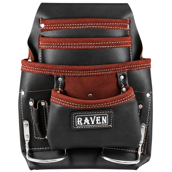 Premium Black Top Grain Leather Tool Pouch with Multiple Pockets, 2 Metal Hammer Holders & Reinforced Rivets for Pliers, Screwdrivers, Pencils & Hand Tools