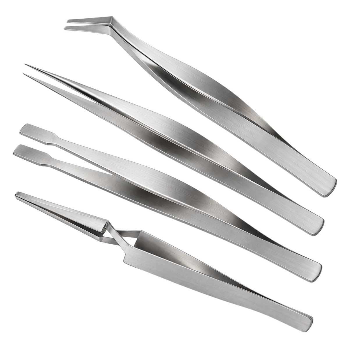 4 Piece Precision Tweezers Set with Cross Lock, Flat Tip, Fine Tip & 45° Bent Tip, All Metal Tweezers for Jewelry, Watch Repair, Crafts, Electronics & Small Parts Handling