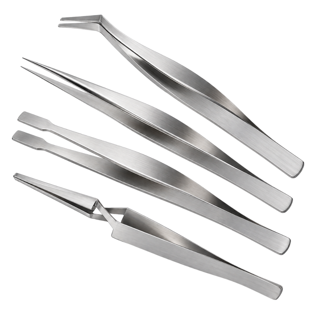 4 Piece Precision Tweezers Set with Cross Lock, Flat Tip, Fine Tip & 45° Bent Tip, All Metal Tweezers for Jewelry, Watch Repair, Crafts, Electronics & Small Parts Handling