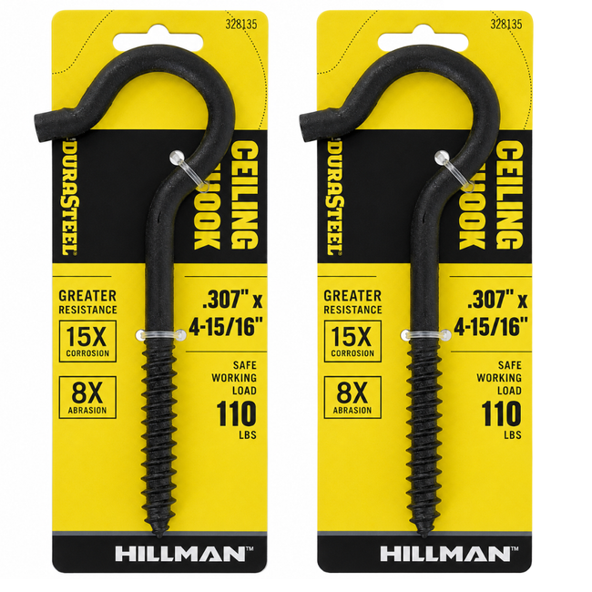 2 Pack Heavy Duty Black Ceiling Hook Screw-In, .307" x 4-15/16" Forged Steel Utility Hook, Premium Black Finish, 110 lb Safe Working Load, Corrosion &amp; Abrasion Resistant Hanging Hook for Garage, Workshop, Storage  Key Bullet Points