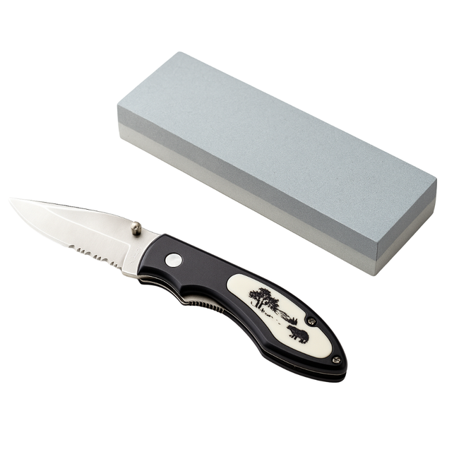 Folding Pocket Knife with 3" Stainless Steel Blade – Half Smooth & Half Serrated | 7.25" Open Length | Bear Inlay Handle + 6" Dual-Grit Sharpening Stone (120/240 Grit) – Aluminum Oxide, Durable & Reliable