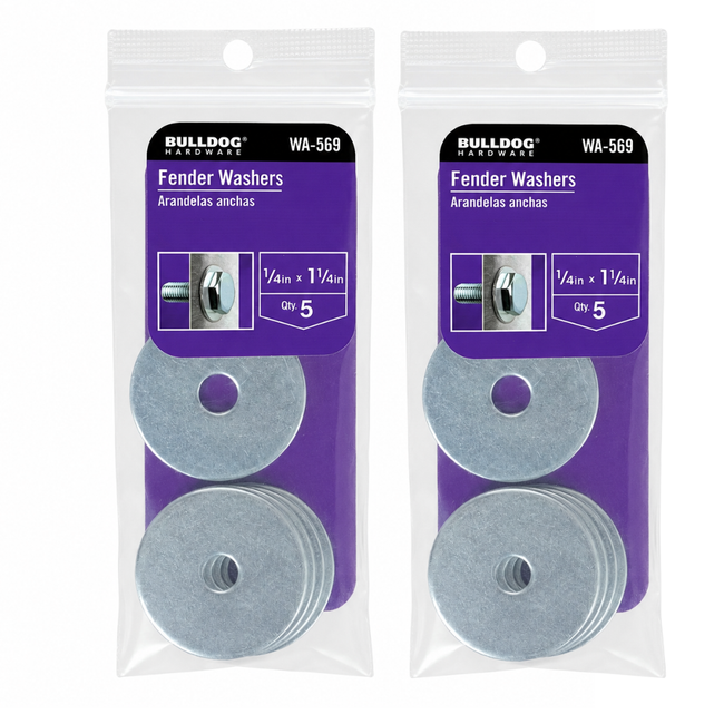 2 Pc. Fender Washers, 1/4" ID x 1-1/4" OD, Zinc-Plated Steel, Large Diameter Flat Washers, Corrosion Resistant, 5-Pack (WA-569)