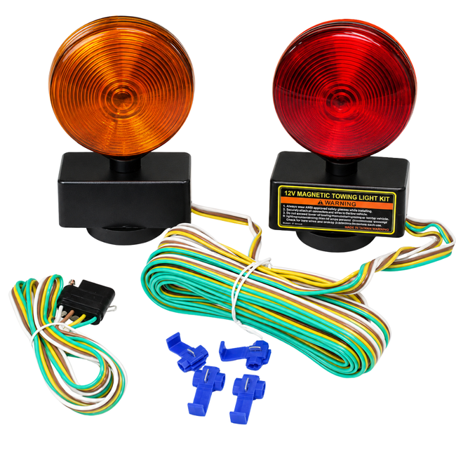 Road Genie DOT-Approved Magnetic Tow Lights – Red & Amber Double-Sided Towing Warning Light Set with 20-Foot Wiring Harness and 4-Pin Connector