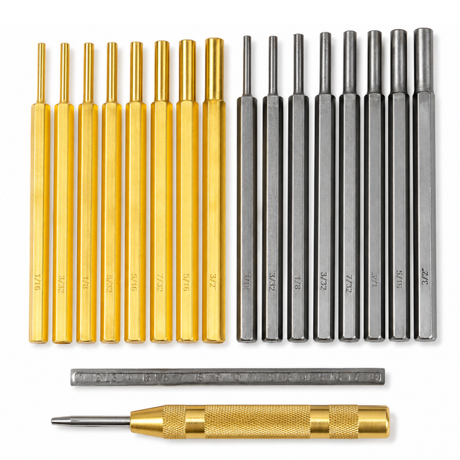 17 Pc Brass & Steel Punch Set with Automatic Center Punch – Pin Punch Set (1/16"–5/16") with 8 Brass Punches, 8 Steel Punches & Carrying Pouch – Gunsmithing, Automotive & Machining Tools