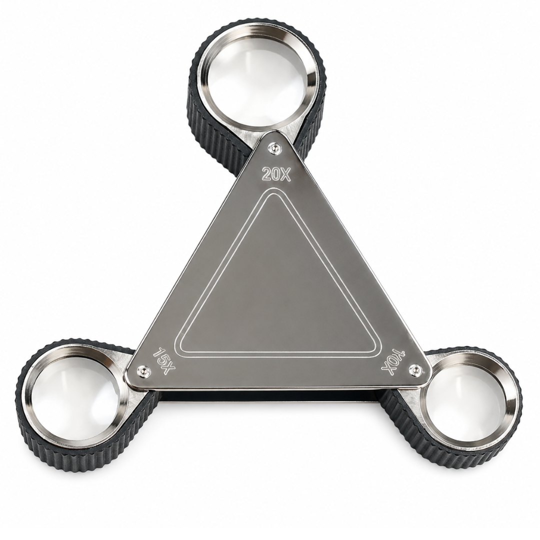 Triangular Jeweler’s Loupe 10X 15X 20X Magnifier, Stainless Steel Folding Triple Lens Pocket Loupe with Glass Lenses, Rubberized Grip Rings for Jewelry, Gems, Coins, Stamps & Watch Inspection – MG-45197
