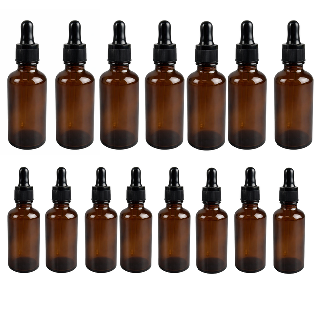 Amber Glass Dropper Bottles Set – 16 Pack (8 x 1 oz + 8 x 2 oz) with Black Dropper Lids, Refillable Glass Bottles for Oils, Serums, Tinctures & DIY Liquids