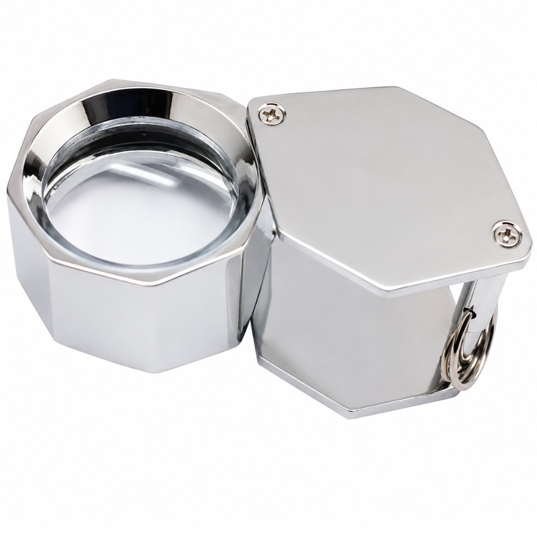 10X Hexagonal Mini Jeweler’s Loupe Magnifier, Silver Metal Pocket Magnifying Glass with 18mm Lens, Keychain Loop & Leather Pouch for Jewelry, Coins, Stamps, Watches & Appraisals
