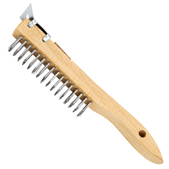 10 Inch Wooden BBQ Grill Brush with Steel Bristles & Heavy Duty Scraper, 4-Row Barbecue Cleaning Brush with Hanging Hole for Home, Camping & Outdoor Grills – TZ63-06355