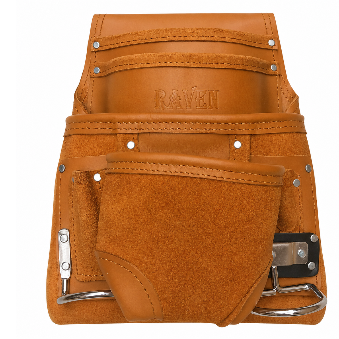 Leather Tool Pouch for Belt, 10 Pocket Tool Organizer with 2 Metal Hammer Holders, Heavy Duty Belt-Worn Construction Pouch for Carpenters, Electricians, Contractors & DIY Work