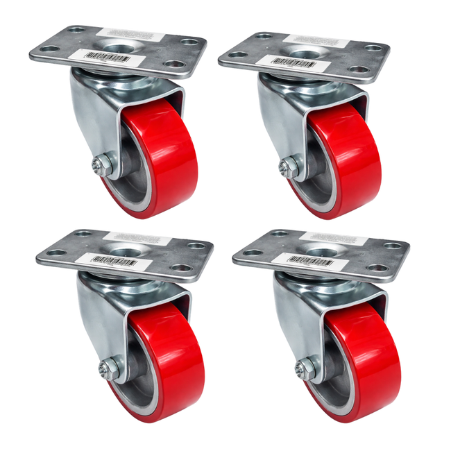 3 Inch x 1-1/4” Heavy Duty Swivel Casters (4 Pack) – Red Polyurethane Wheels – 360° Plate Mount Caster Wheels – Industrial Replacement for Carts, Workbenches & Dollies