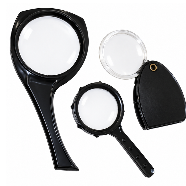 3 Piece Magnifying Glass Set, 2X Magnification, 2 Handheld Magnifiers & 1 Folding Pocket Loupe, Lightweight Acrylic Lenses for Reading, Crafts, School, Hobbies & Inspection – MG-97530