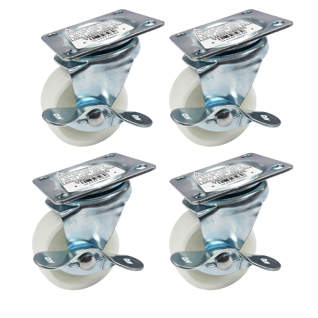 2.5" Swivel Caster Wheels w/ Brake – 4 Pack – Plate Mount – White Poly Wheel – Light Duty – 360° Rotation – Furniture Cart Dolly Casters