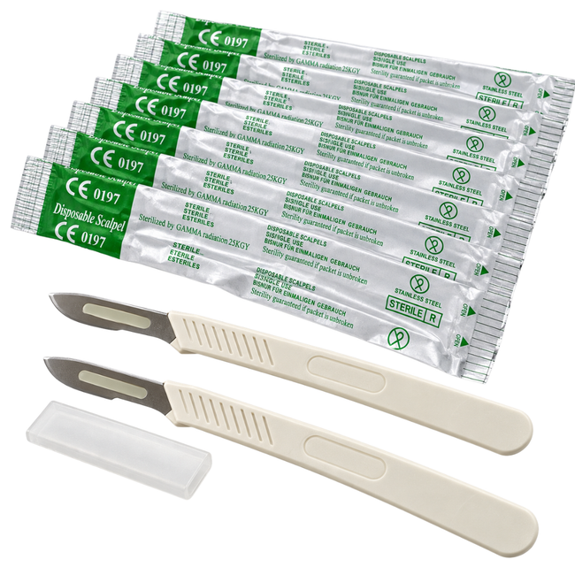 #20 Disposable Scalpel with Stainless Steel Blade, Plastic Handle & Protective Safety Cap, Sterile Individually Sealed Precision Cutting Knife, 6 Inch, Pack of 10 – PL-06120-Z10
