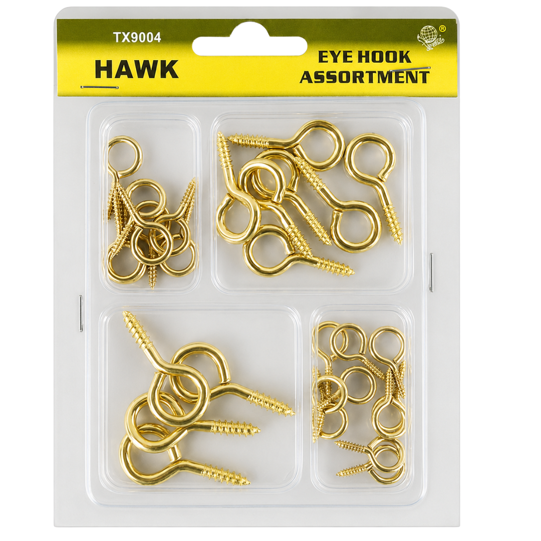 Assorted Brass Eye Hooks, 4-Size Screw Eye Hook Assortment for Wire, Cable, Hanging and DIY Projects, Easy-Store Compartment Package – HW-99004