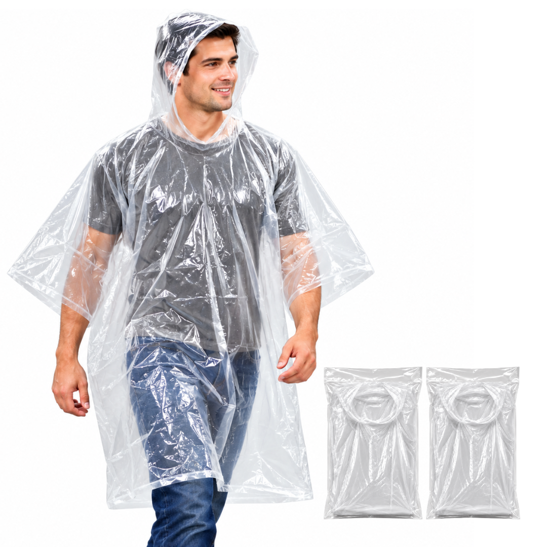 Adult Waterproof Rain Poncho with Hood – Clear Vinyl, Lightweight, Foldable & Compact, One Size Fits Most, Emergency Rain Gear for Camping, Travel, Festivals & Outdoor Activities
