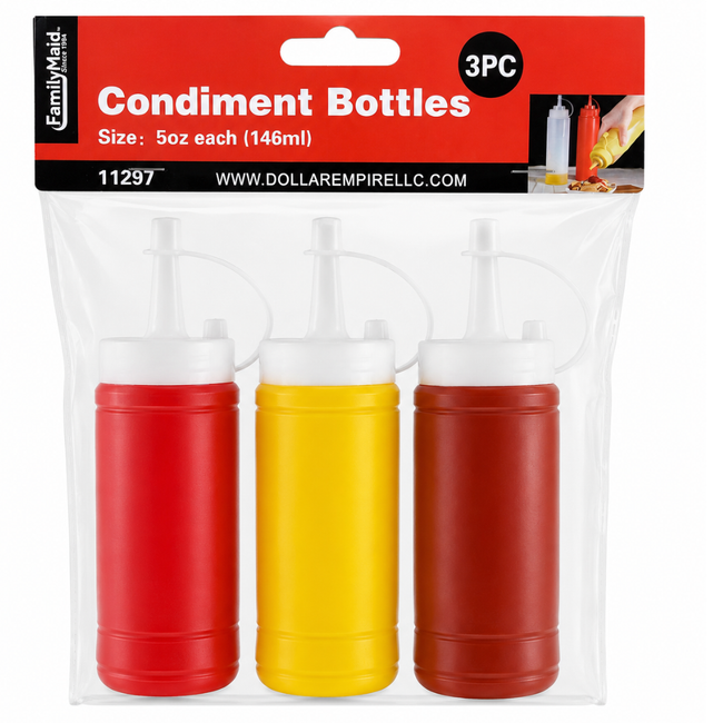 Condiment Squeeze Bottles, 5 oz Plastic Sauce Dispensers with Attached Nozzle Caps, Reusable Bottles for Ketchup, Mustard, Dressings and BBQ Sauce, Red Yellow Brown, 3-Pack