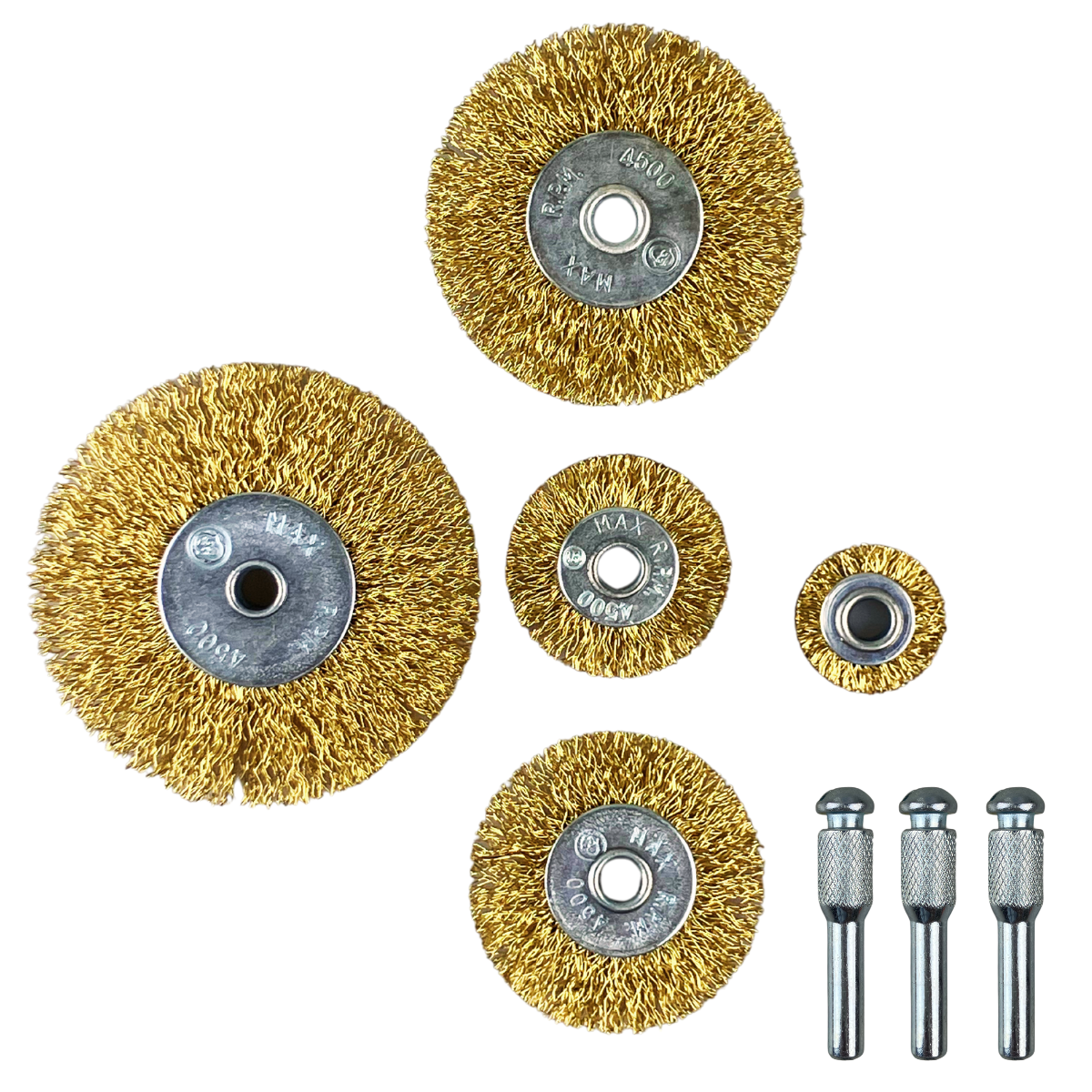 5-Pc Brass Wire Wheel Set | 1" to 3" (2.54 cm to 7.62 cm) Diameter | Includes 3 Shanks | for Standard Drills