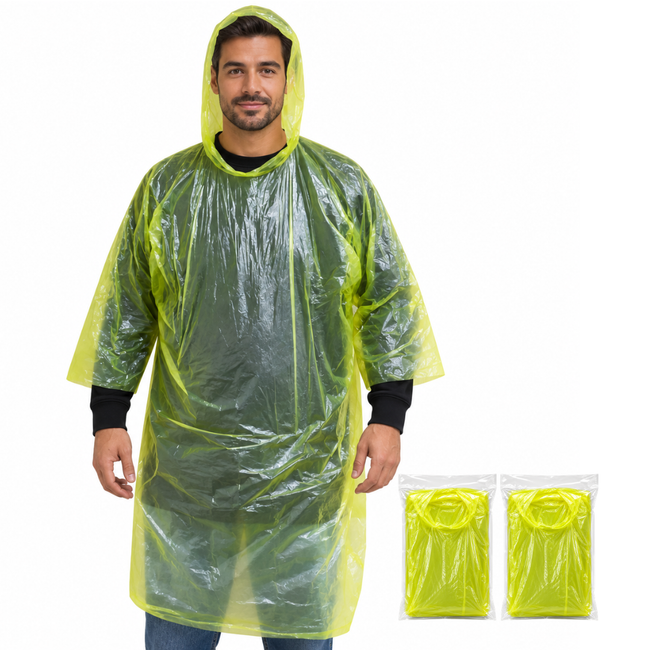 Disposable Yellow Rain Ponchos with Hood – 2 Pack, Lightweight PE Plastic Emergency Raincoat, Waterproof, Compact & Portable Rain Protection for Adults, Travel, Camping, Hiking & Outdoor Events