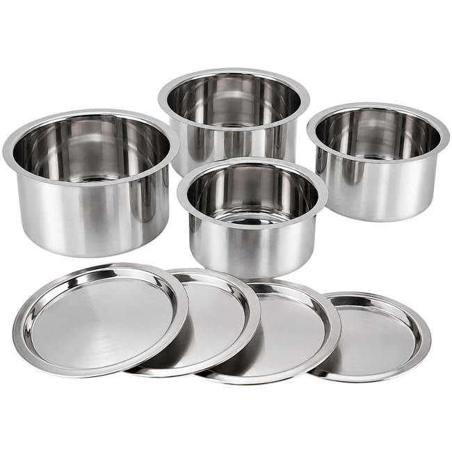 8 Piece Stainless Steel Cooking Pot Set with Lids, 4 Heavy Duty 26 Gauge Pots & 4 Mirror Finish 22 Gauge Lids, Stackable Cookware & Serving Trays, UCT-FT4-1922