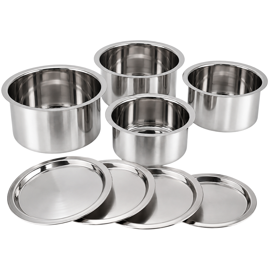 8 Piece Stainless Steel Cooking Pot Set with Lids, 4 Heavy Duty 26 Gauge Pots & 4 Mirror Finish 22 Gauge Lids, Stackable Cookware & Serving Trays, UCT-FT4-1922
