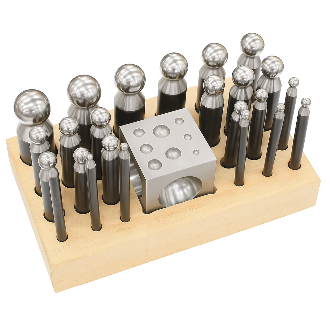 Doming & Punch Set with 24 Steel Punches (2.3–25mm), 2" Doming Block & Wooden Organizer Tray – Metal Forming & Jewelry Making Tool Kit – Professional Quality – TJ01-29881