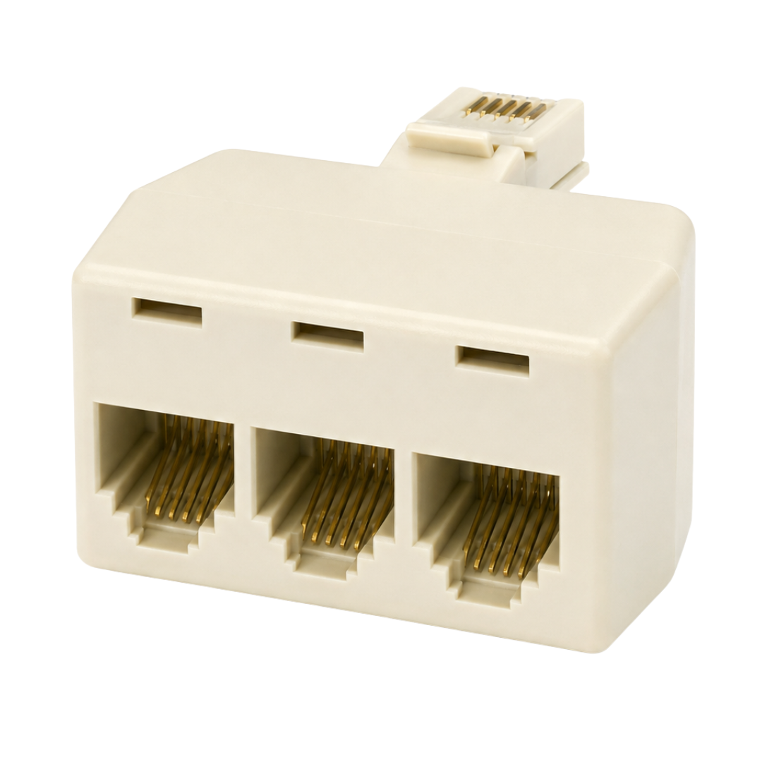 3-Port Modular Telephone Line Splitter Adapter – Single Jack to Triple Jack Connector for Phones, Fax Machines and Credit Card Terminals, 1.5 x 7/8 Inch