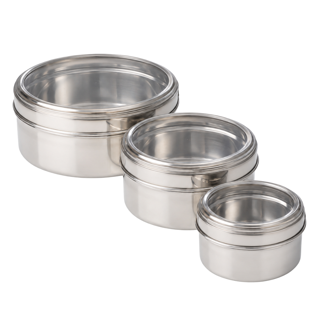 3 Piece Stainless Steel Canister Set with Clear View Lids, Nesting Food Storage Containers for Coffee, Tea, Sugar, Candy & Snacks, 3 Graduated Sizes – U-88010