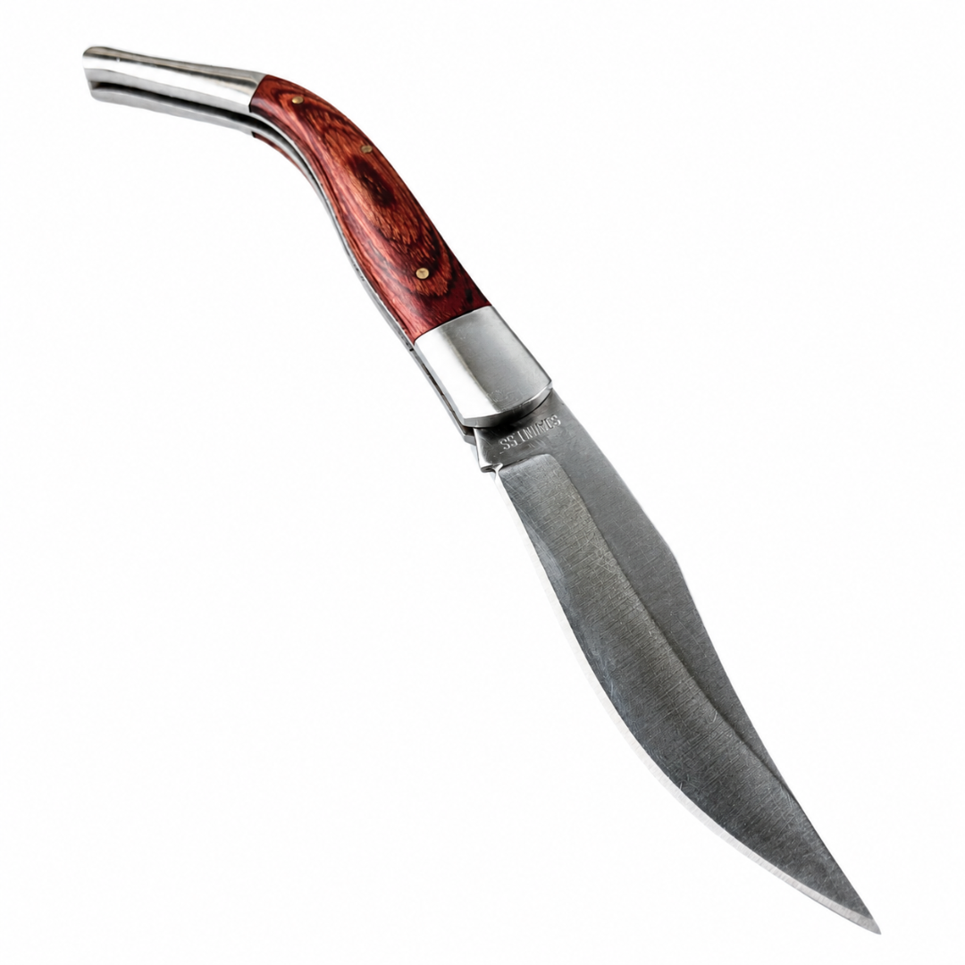 8 Inch Rosewood Curved Folding Pocket Knife with 3.5 Inch Blade and Nylon Belt Pouch for Camping, Fishing and Outdoor Us