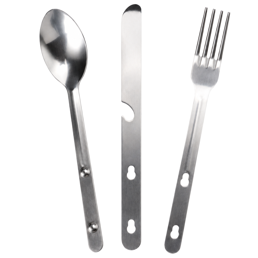3-Piece Stainless Steel Camping Cutlery Set, Fork Spoon & Knife with Bottle Opener, 6-Inch Portable Utensil Set with Vinyl Snap Pouch for Camping, Hiking & Travel - TP-18192
