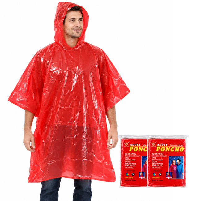 Adult Waterproof Rain Poncho with Hood – Durable Red Vinyl, Lightweight, Compact & Portable, One Size Fits Most, Emergency Rain Gear for Travel, Camping, Hiking & Outdoor Events