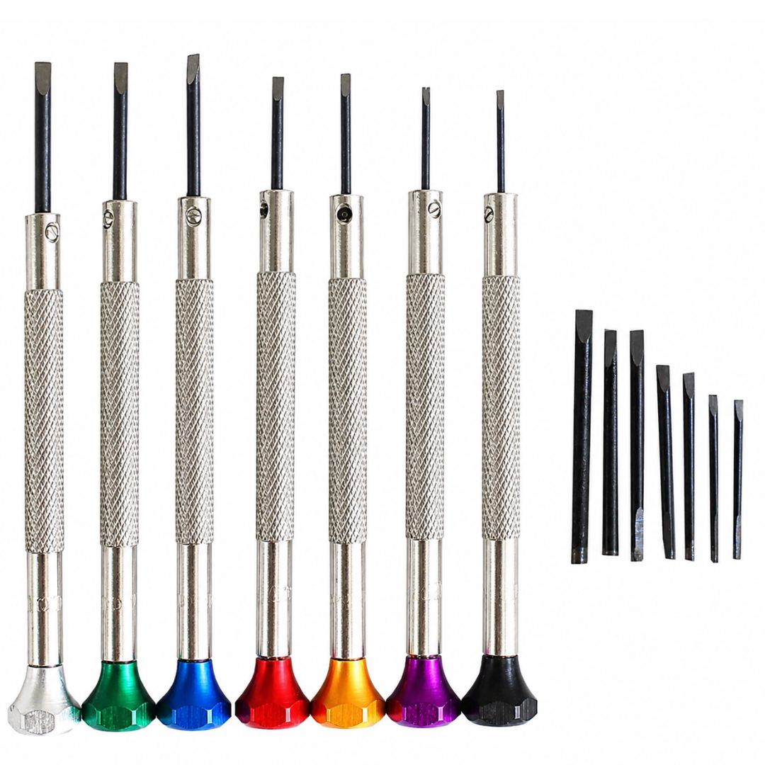 Flat Head Precision Screwdriver Set with Extra Replacement Blades & Vinyl Case – 7 Sizes, Carbon Steel Tips, Color Coded Mini Slotted Screwdrivers for Watches, Eyeglasses, Electronics & Fine Repair