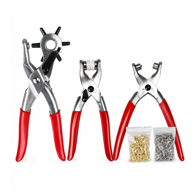 128-Piece Leather Hole Punch and Fastener Set – 6-Size Revolving Punch, Eyelet Pliers, Snap Pliers, 100 Eyelets and 25 Snap Sets – Vinyl-Coated Handles for Belts, Shoes, Bags and Crafts