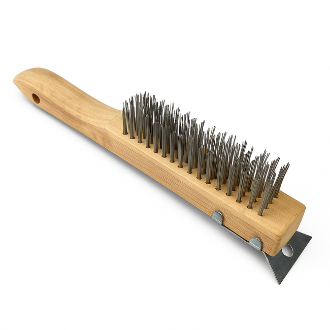 10-Inch Heavy Duty Wire Brush with Scraper – Wooden Handle, Steel Bristles, Rust & Paint Remover Tool for Metal, BBQ Grills, and Welding Cleanup