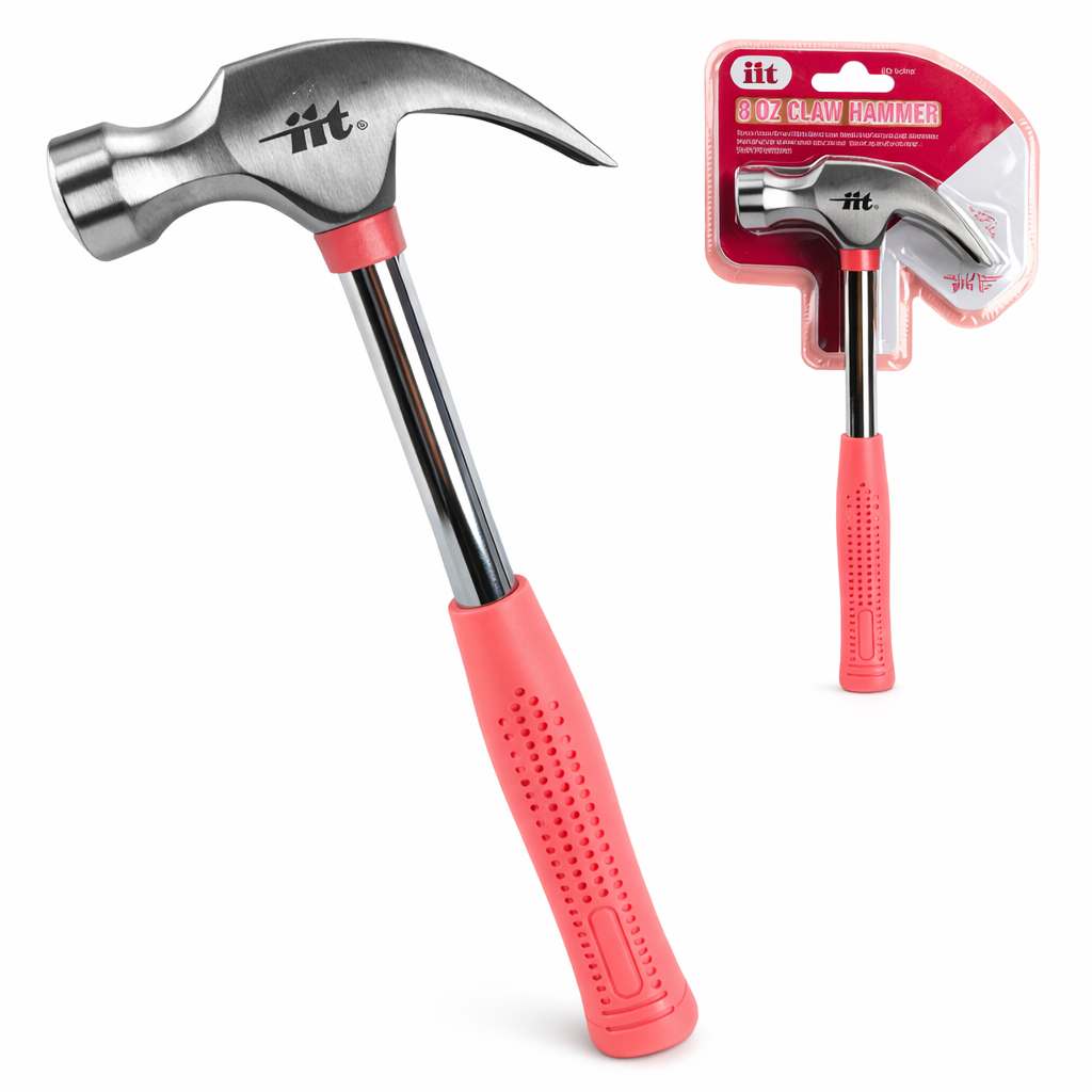 8 oz Pink Claw Hammer – Heat-Treated Polished Steel Head with Comfort Grip Handle