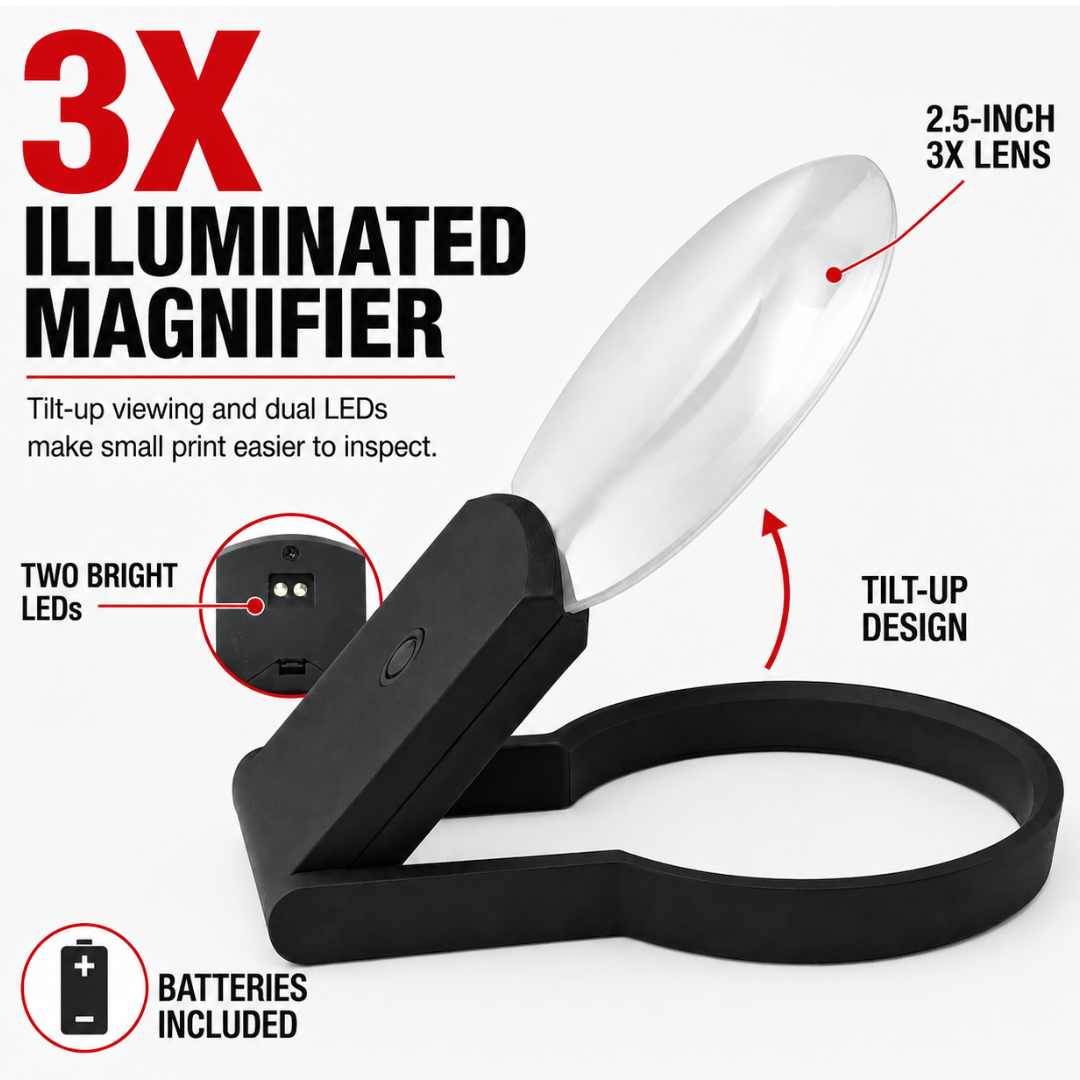 3X Tilt-Up Tabletop Magnifier with 2 LED Lights – 2.5-Inch Hands-Free Reading Lens for Coins, Stamps, Maps, Crafts and Small Print – MG-14746