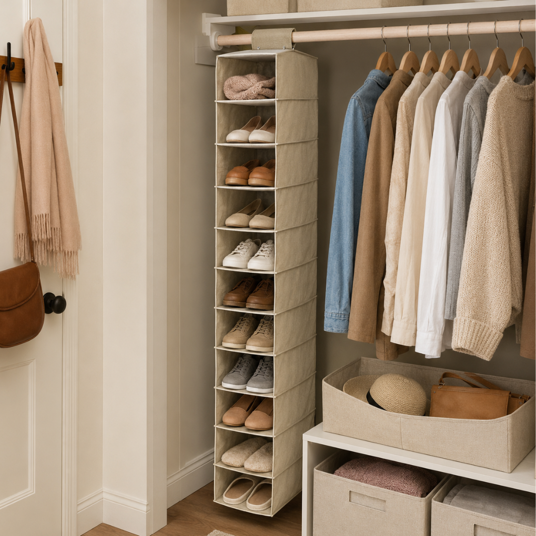 Hanging Shoe Organizer for Closet, 10-Shelf Space-Saving Storage with Hook-and-Loop Strap, Foldable Nonwoven Organizer for Shoes, Sandals and Accessories, 46.8 x 13 x 6 Inches – LKCO-43001-S