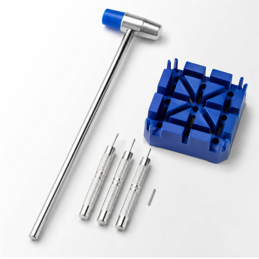 HTS Watch Band Repair Kit - 5 Piece Watch Link Removal Tool Set with Hammer, Pin Punches & Holder Block for Watch Band Adjustment and Bracelet Repair