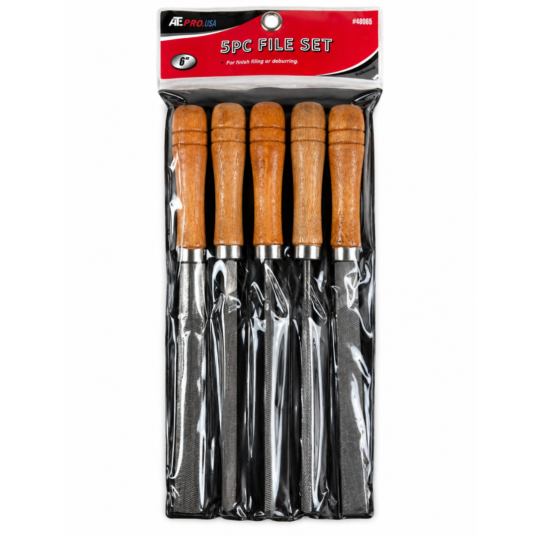 5 Pc 6" Steel File Set with Wooden Handles – Flat, Round, Half Round, Square & Triangle Files for Metal & Wood