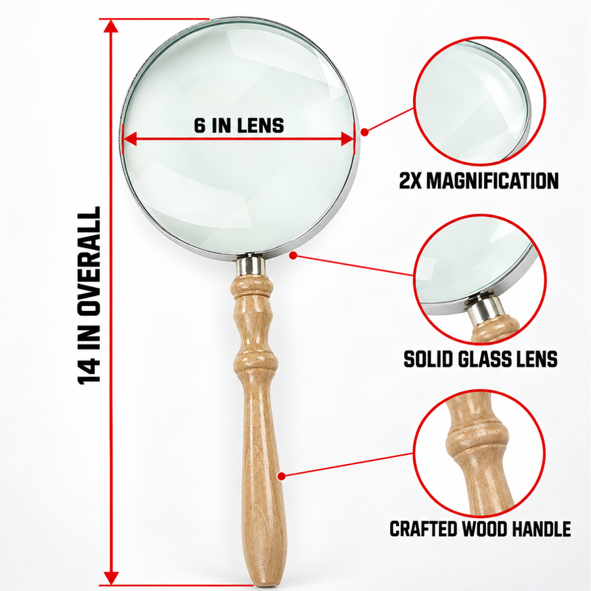 Jumbo 2X Handheld Magnifying Glass with 6-Inch Solid Glass Lens and Crafted Wood Handle, 14 Inches Overall – MG-88560