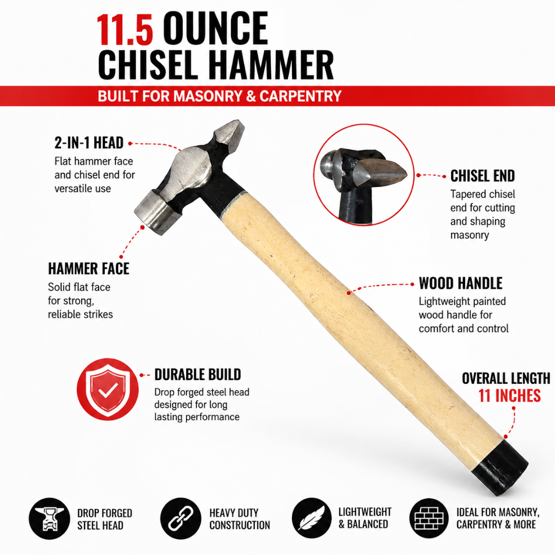 11.5 oz Chisel Hammer with Drop-Forged Steel Dual-End Head, 11 Inch Masonry Hammer with Flat Striking Face & Chisel End, Lightweight Wood Handle for Brick, Concrete & Carpentry – PH-0046