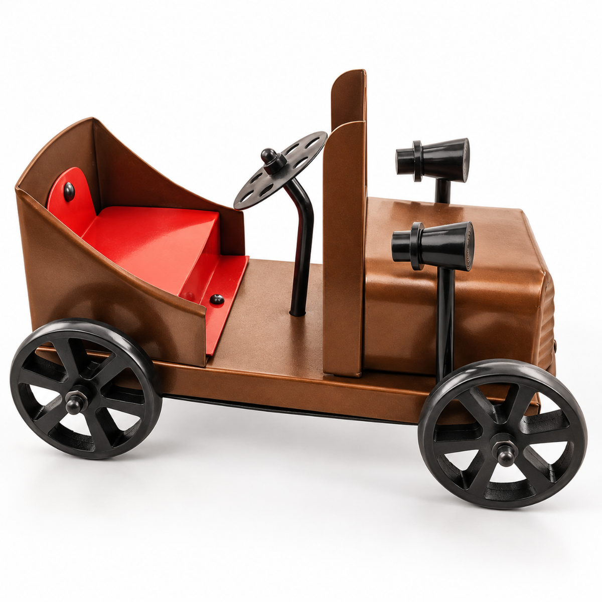 Antique Style Horseless Carriage Metal Model Car, 7.5 Inch Vintage Brown Decorative Vehicle with Red Seat, Black Headlights, Spoke Wheels & Moving Steering Wheel – Collectible Display Decor