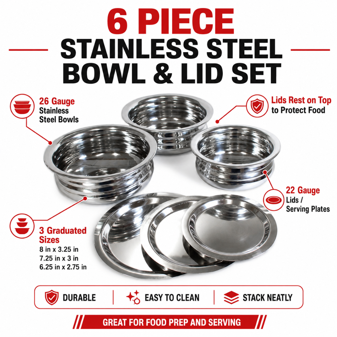 6 Piece Stainless Steel Bowl & Lid Set, 3 Graduated Food Prep & Serving Bowls with Flat Serving Lids, Stackable Kitchen Bowl Set, 8", 7.25" & 6.25" – UT91-3