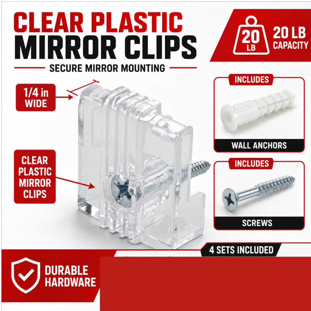 2 PACK 1/4 in Clear Plastic Mirror Clips with Screws and Wall Anchors, 20 lb Capacity, Mirror Mounting Hardware Kit for Frameless Mirrors, Bathroom Mirrors, Wall Mirrors