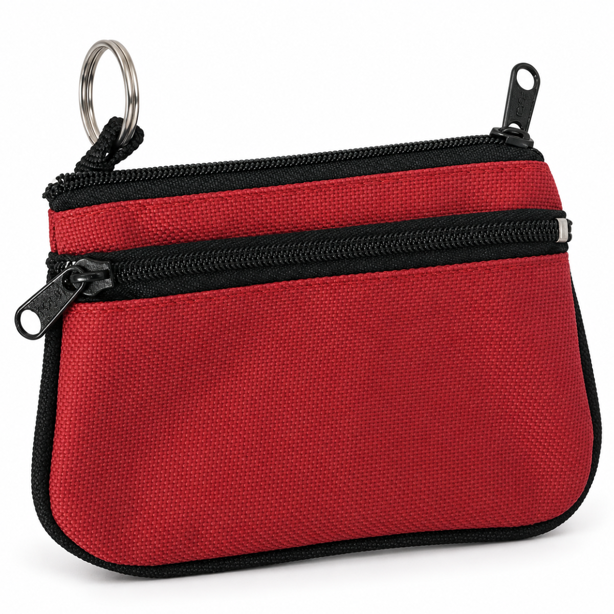 Red and Black Double-Zipper Coin Purse with Key Ring, Compact Nylon Organizer Pouch, 4.5 x 3.5 Inches – GB-11868RD