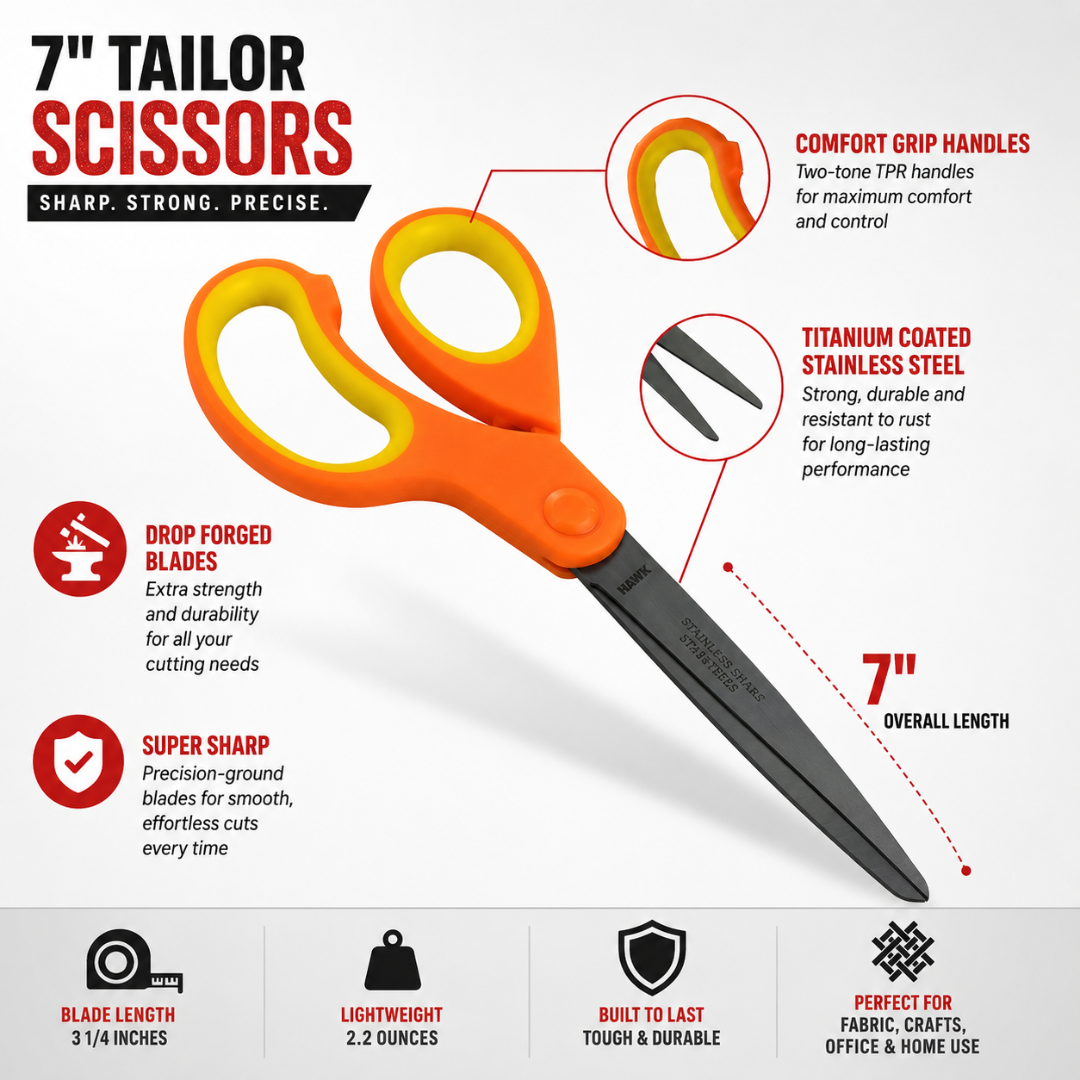 7 Inch Tailor Scissors with Titanium Coated Drop Forged Stainless Steel Blades, Comfort Grip Handles, Fabric Cutting Scissors for Sewing, Crafts, Office & Home Use, Pack of 2 – SC-17135-Z02