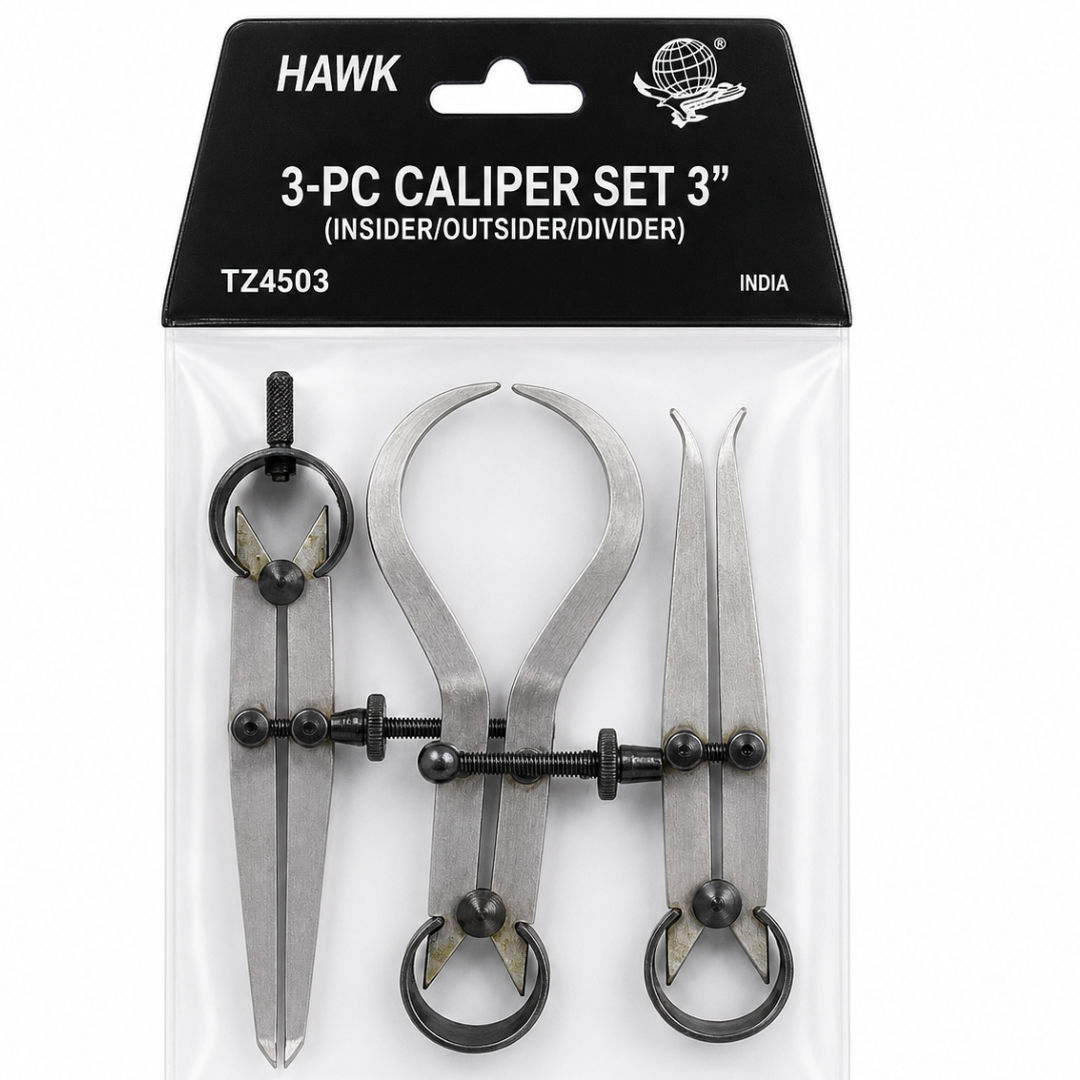 3 Piece 3 Inch Steel Caliper Set with Inside Caliper, Outside Caliper & Divider, Locking Screw Adjustment, Hardened Points, Precision Ground Measuring Tool - TZ01-14503